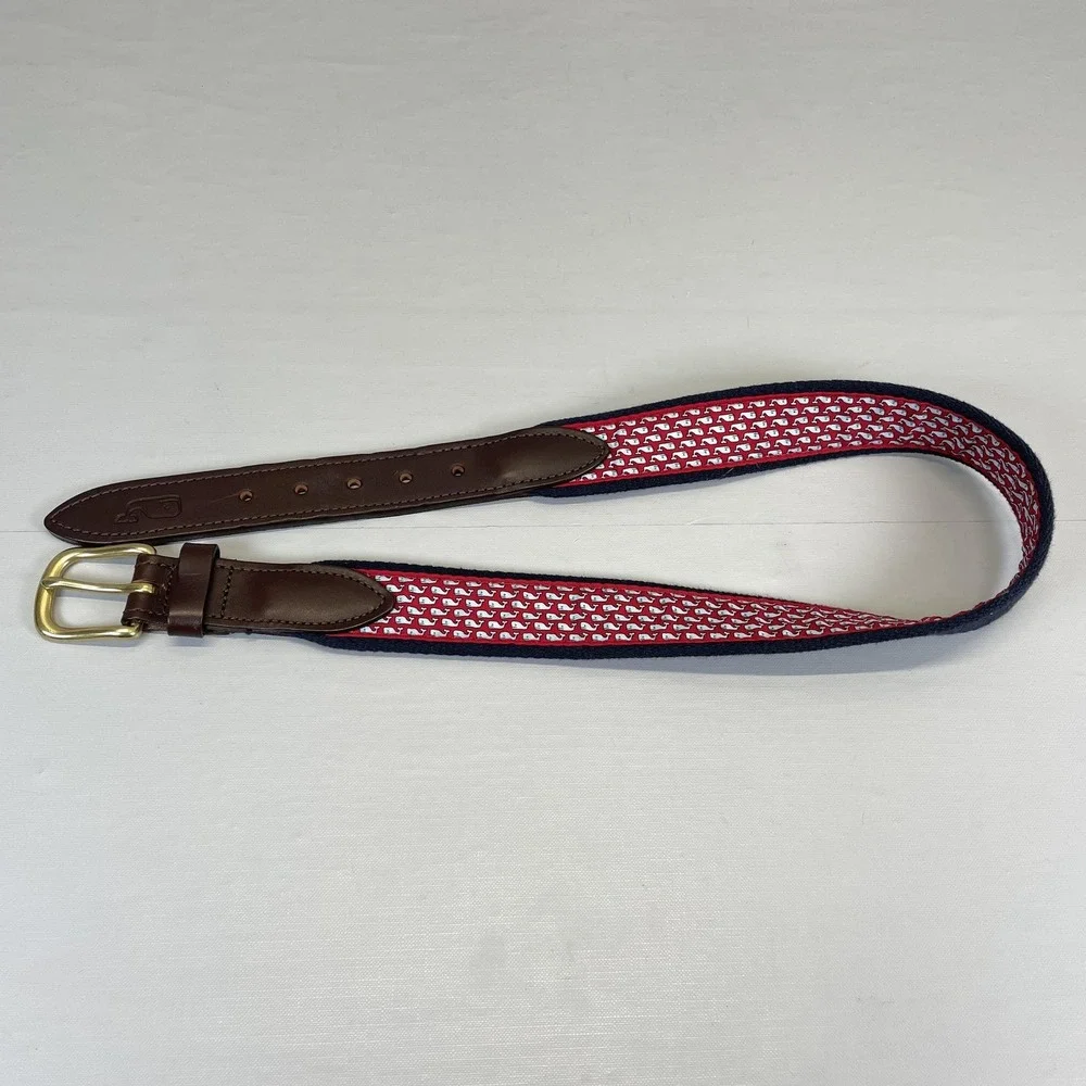 Vineyard Vines Ribbon Belt Kids Youth Size 24 Red Whale Print Brass Buckle - USA